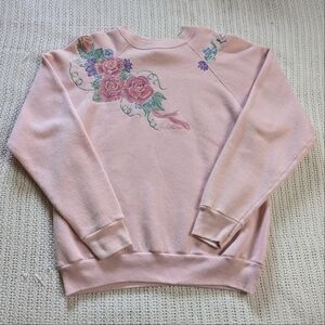VTG 90s TULTEX Pink Sweatshirt Hand Painted Flowers Women's Large Crewneck USA